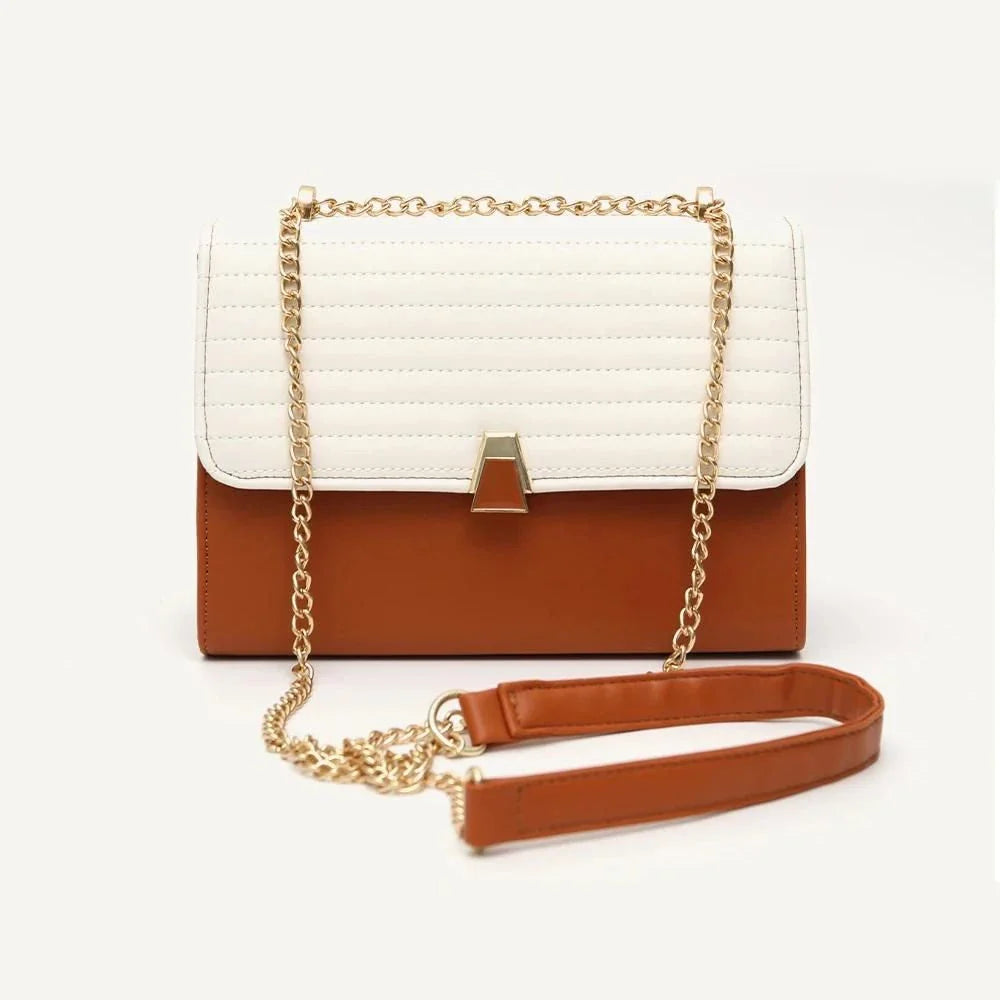 Color Block Quilted Vegan Leather Fashion Shoulder Bag in Orange with Decorative Lock and Chain Detail