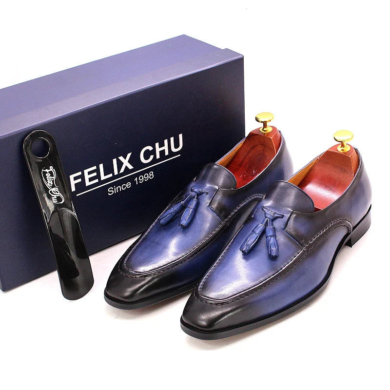 Premium casual leather loafers for men in black, brown, and blue colors with a sleek, low-profile design and durable rubber soles