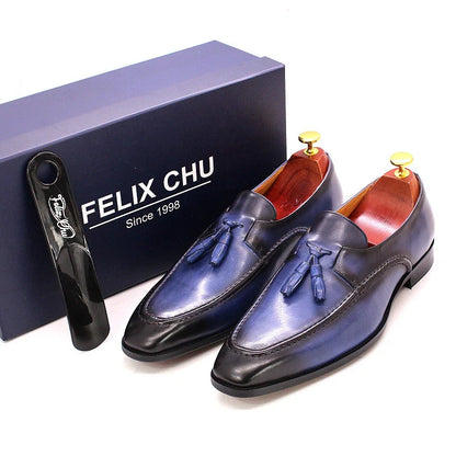 Premium casual leather loafers for men in black, brown, and blue colors with a sleek, low-profile design and durable rubber soles