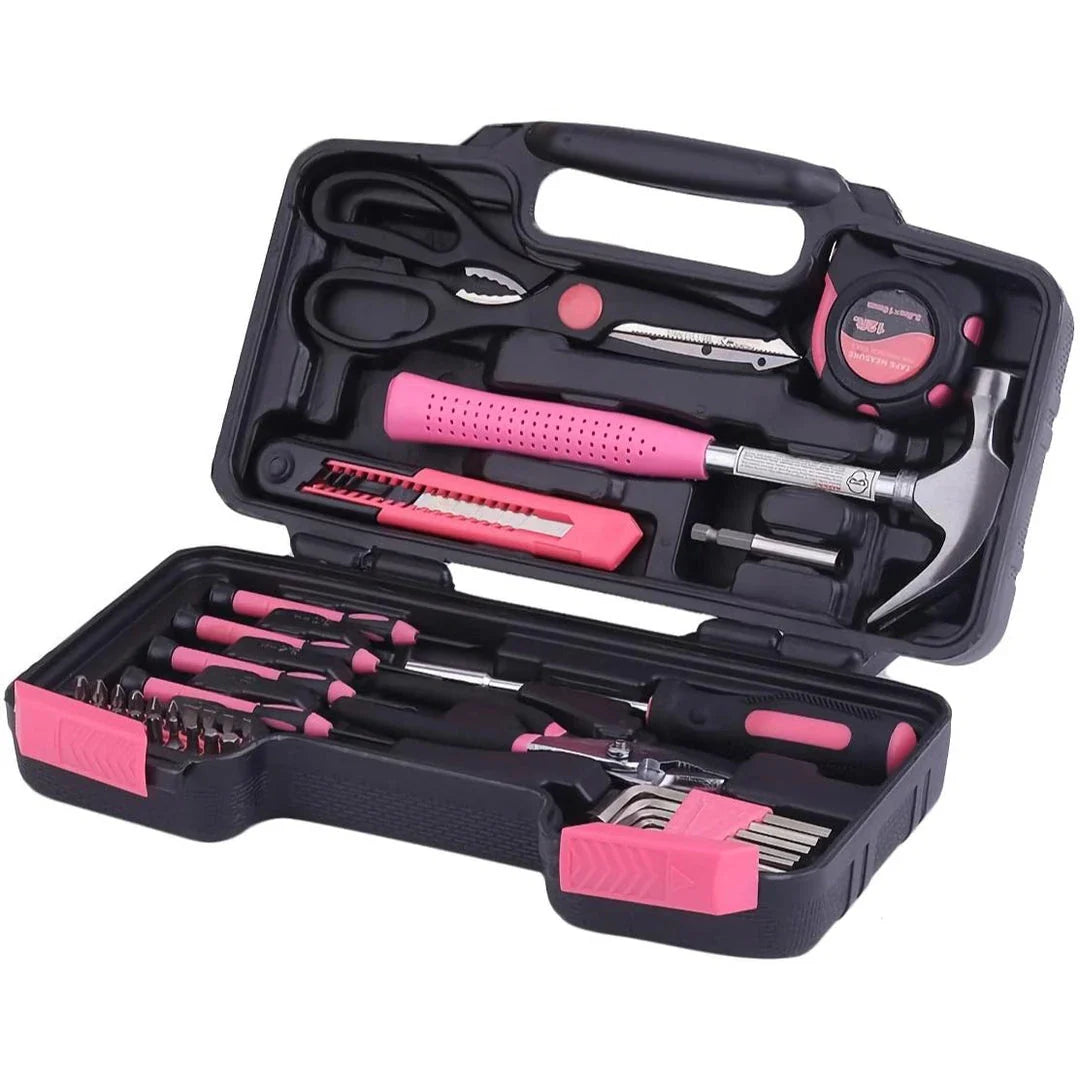 Versatile 39-Piece Pink Household Tool Kit with essential tools for home, office, and DIY projects