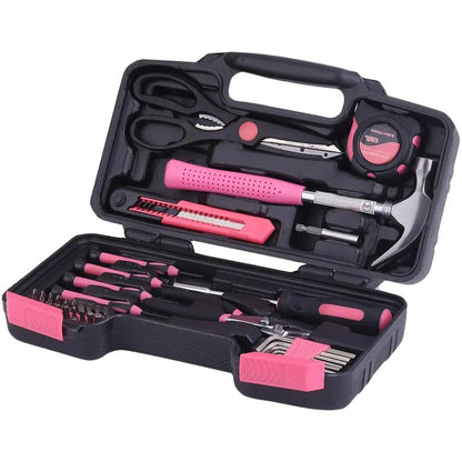 Versatile 39-Piece Pink Household Tool Kit with essential tools for home, office, and DIY projects