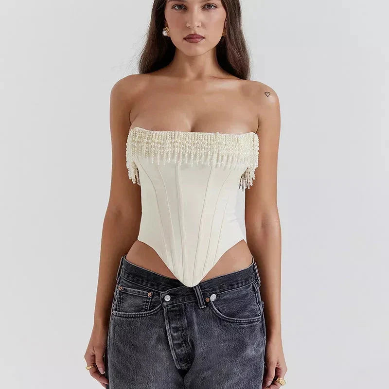 Chic strapless corset top with beaded tassels in white color, perfect for beach parties and special events