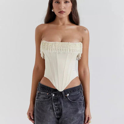 Chic strapless corset top with beaded tassels in white color, perfect for beach parties and special events