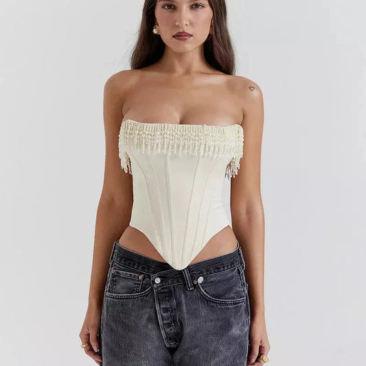 Chic strapless corset top with beaded tassels in white color, perfect for beach parties and special events