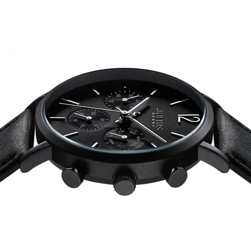 A sophisticated multi-function quartz watch with a sleek design, water-resistant construction, and versatile features.