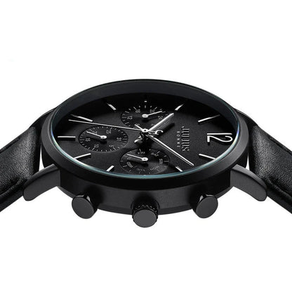 A sophisticated multi-function quartz watch with a sleek design, water-resistant construction, and versatile features.