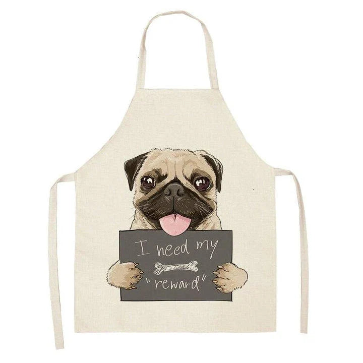Charming pug-themed apron with a vibrant print, made of durable cotton and linen materials for practical kitchen use.