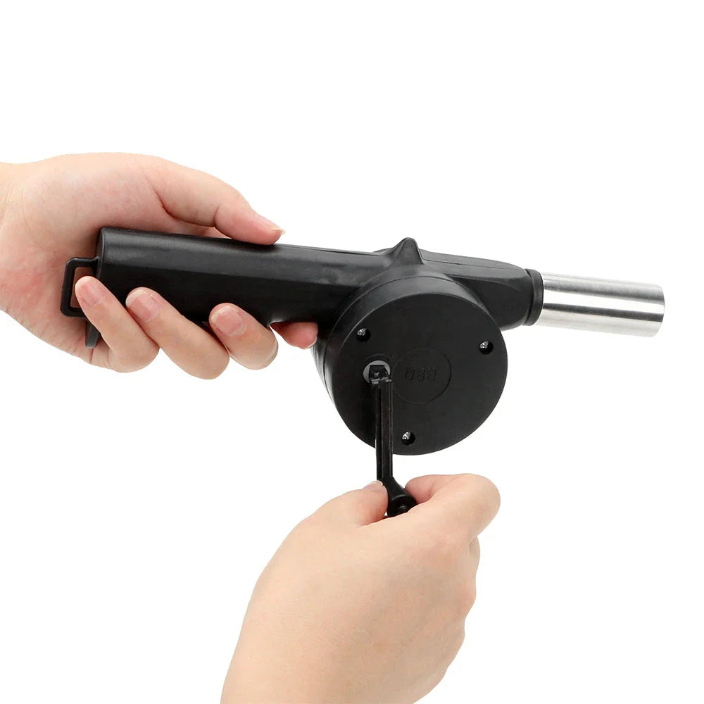 Portable BBQ air blower with hand-cranked design for quick and easy grill fire ignition