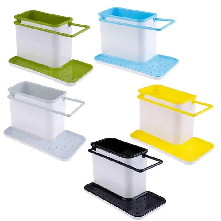 Multifunctional sink organizer with storage compartments, drying rail, and drip tray for a tidy kitchen countertop