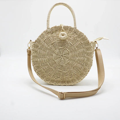 Stylish round straw woven handbag with zipper closure and comfortable carrying handle