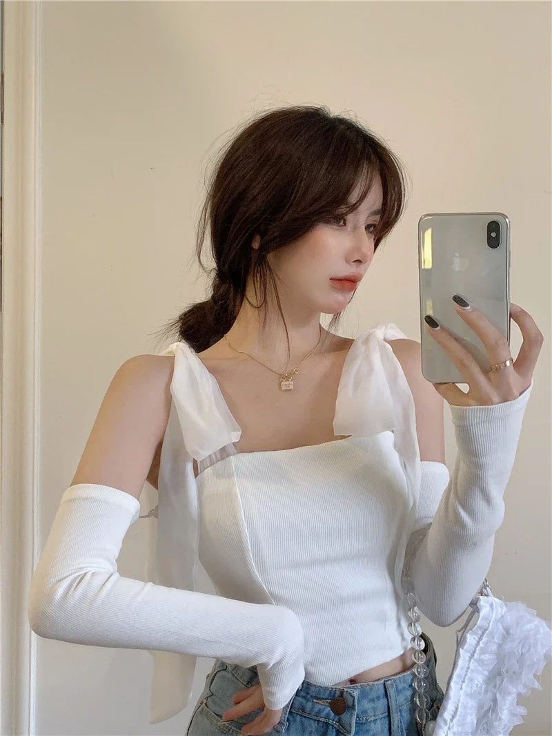 Chic knitted white tank top with bow accent, one size fits all, premium polyester fabric