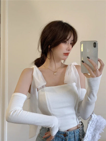 Chic knitted white tank top with bow accent, one size fits all, premium polyester fabric