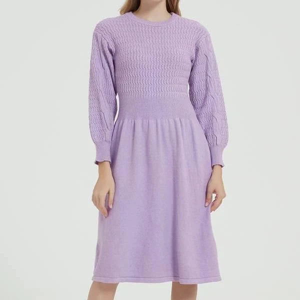Elegant long sleeve knitted sweater dress in purple red with a classic A-line silhouette and mid-calf length