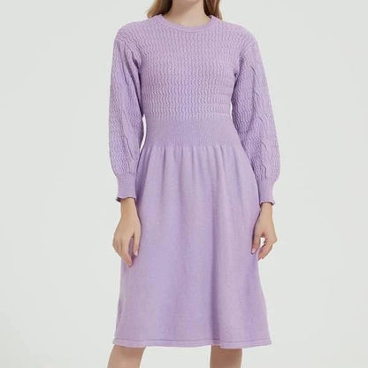 Elegant long sleeve knitted sweater dress in purple red with a classic A-line silhouette and mid-calf length