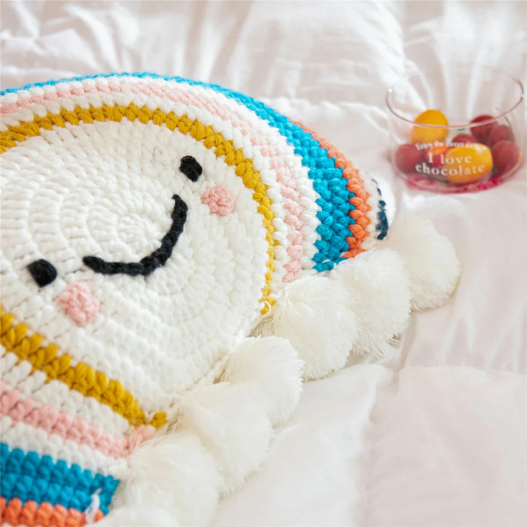 Cute cartoon rainbow sunflower decorative cushion with colorful pompom accents and a soft, supportive design