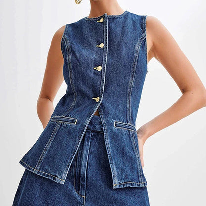 Sleeveless denim button-up top and high-waisted shorts set for women's summer fashion