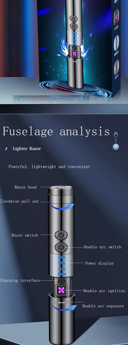 Dual Arc Lighter Razor with sleek zinc alloy body and stainless steel blade for effortless beard grooming