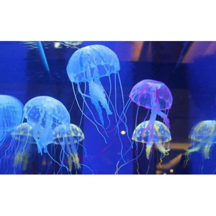 Glowing artificial jellyfish decoration with pulsing silicone tentacles and a fluorescent powder glow, ideal for aquariums and water features
