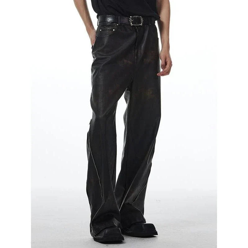 Model wearing chic high-waist straight leg leather pants in black color