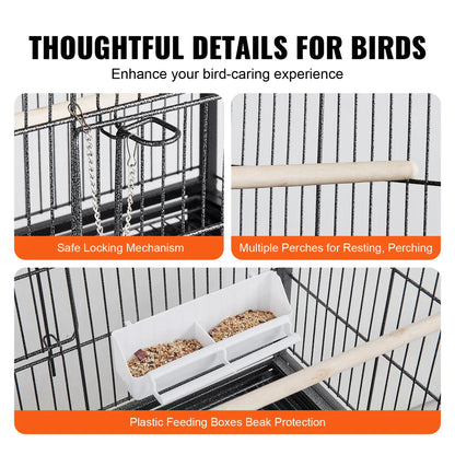A large, spacious bird cage made of premium carbon steel, featuring smooth-rolling wheels and a removable slide-out tray for easy cleaning.