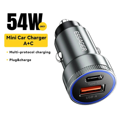 54W USB-C and USB Car Charger with Hyper-Speed Charging for smartphones, tablets, and other USB-powered devices