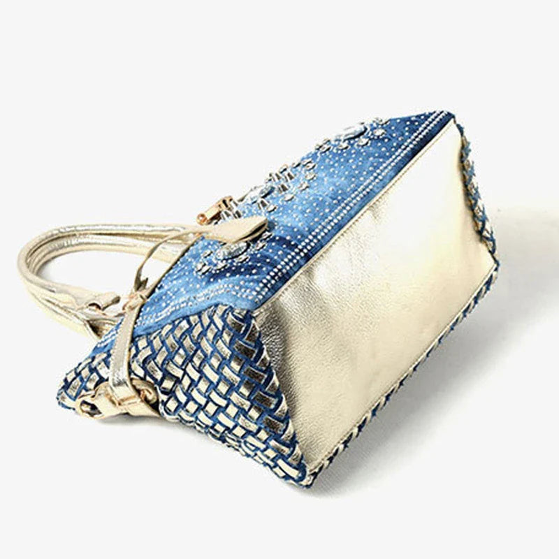 Silver diamond-studded denim messenger bag with adjustable strap and zippered main compartment