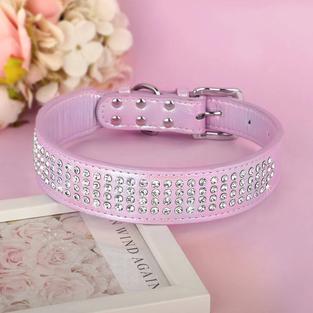 Sparkling rhinestone dog collar made of high-quality PU leather, available in multiple colors for medium and large dogs