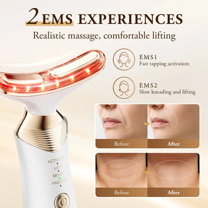 Dual Polar Neck & Face Lifting Device with 24K gold-plated contacts, multi-color phototherapy, and adjustable EMS settings for skin rejuvenation.