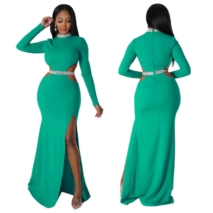 Stylish and flattering waist-accentuating split dress in solid colors, made from premium polyester fabric for comfort and versatility.