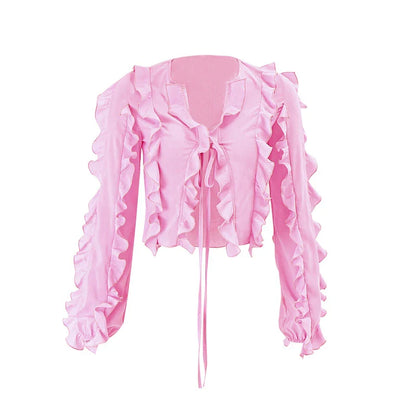 Cute heart-shaped bow tie blouse for girls in pink with ruffled v-neck and slim fit