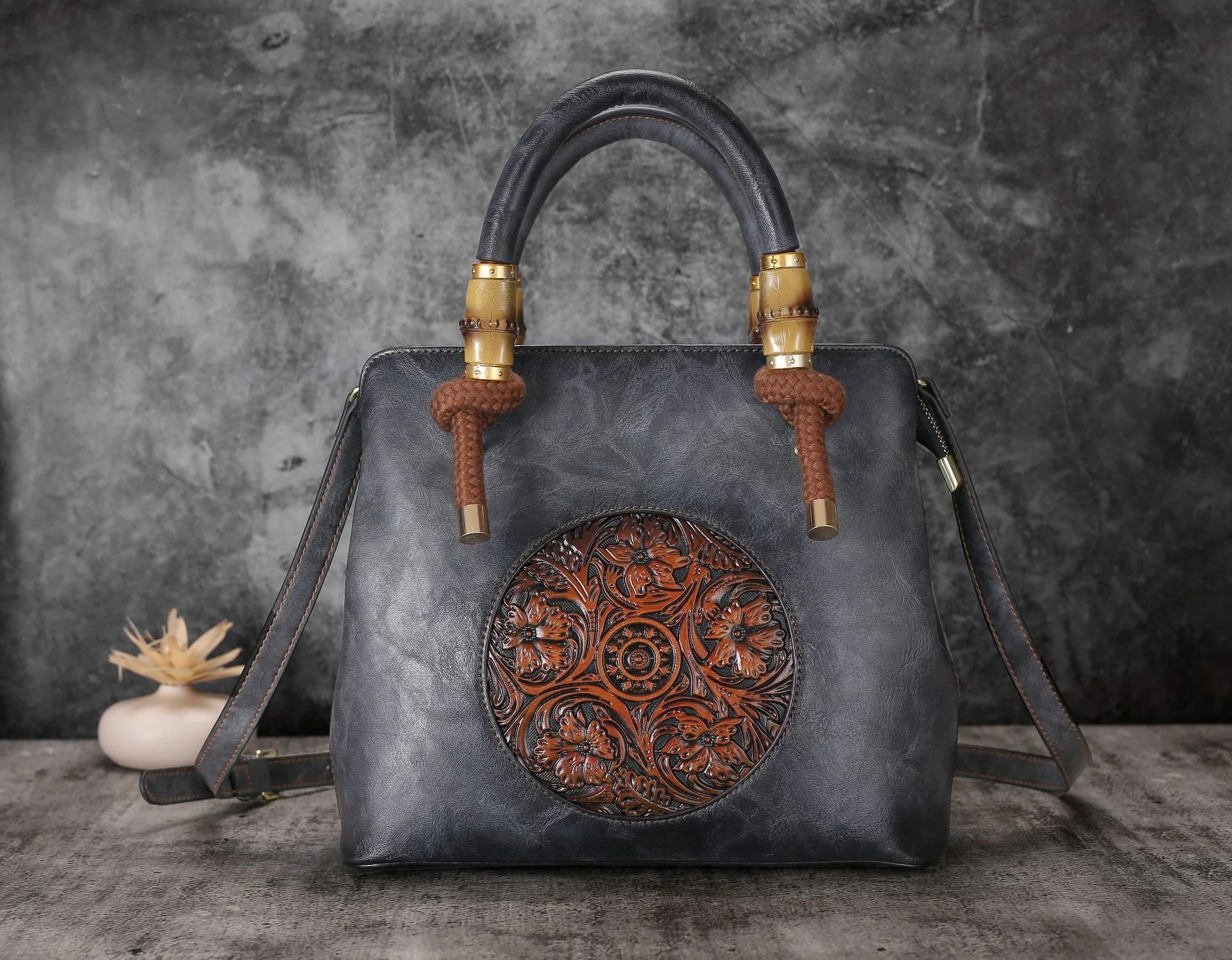 Bamboo shoulder bag with a roomy interior, multiple pockets, and a retro-inspired design for everyday use