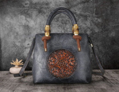 Bamboo shoulder bag with a roomy interior, multiple pockets, and a retro-inspired design for everyday use