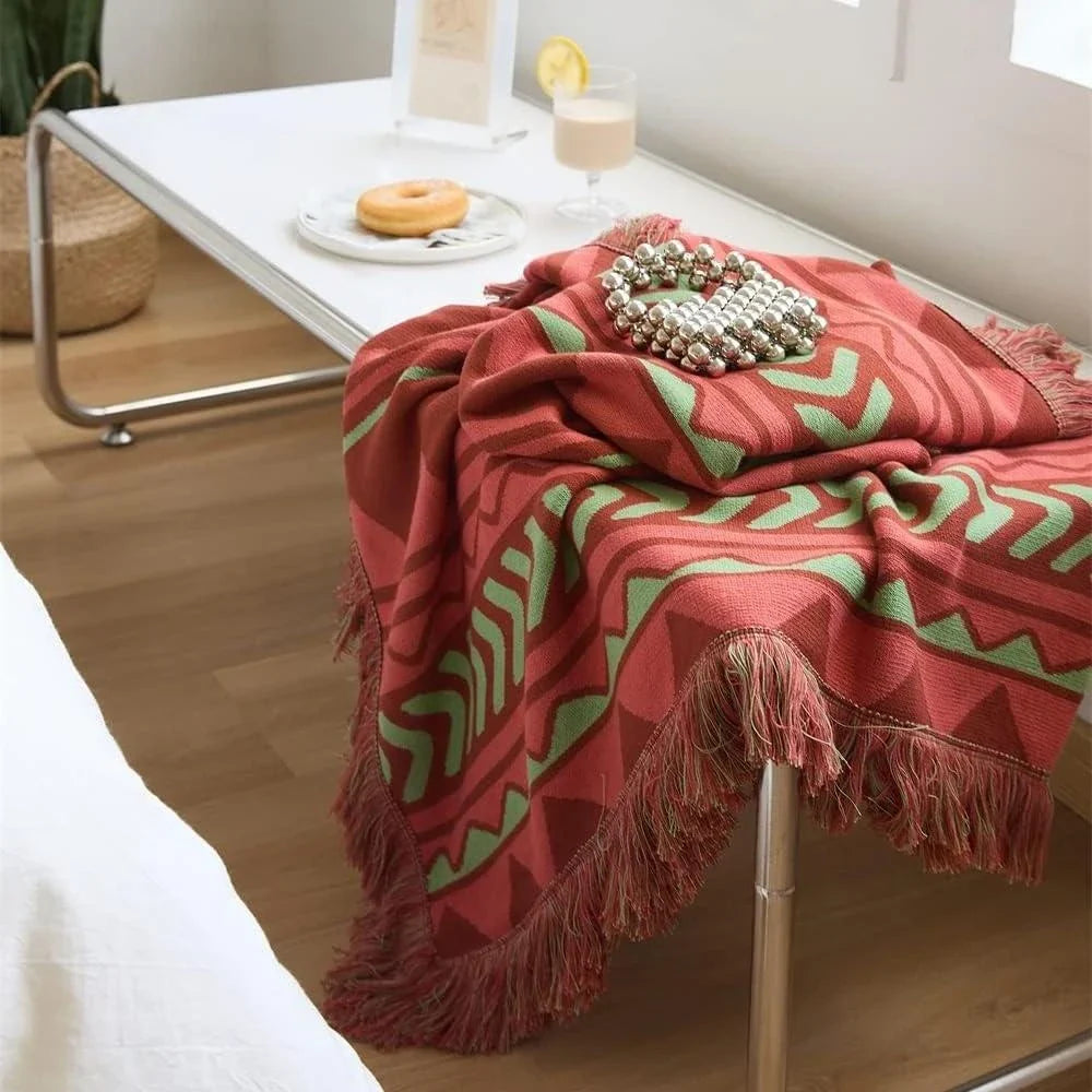 Luxurious Indian Tribal Geometric Pattern Throw Blanket with Fringes for Cozy Home Decor