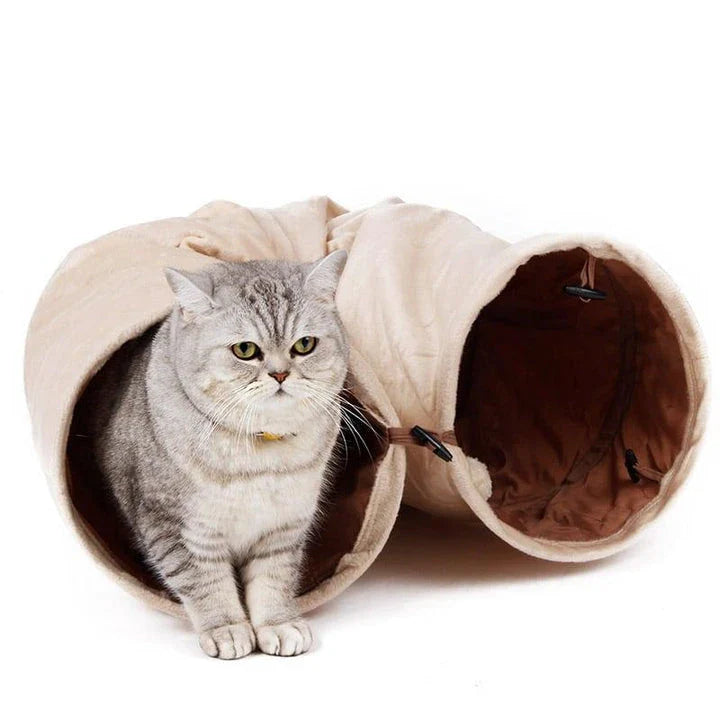 Cozy Hideaway Foldable Long Tunnel with Ball Toy for Playful Cats in Brown Color