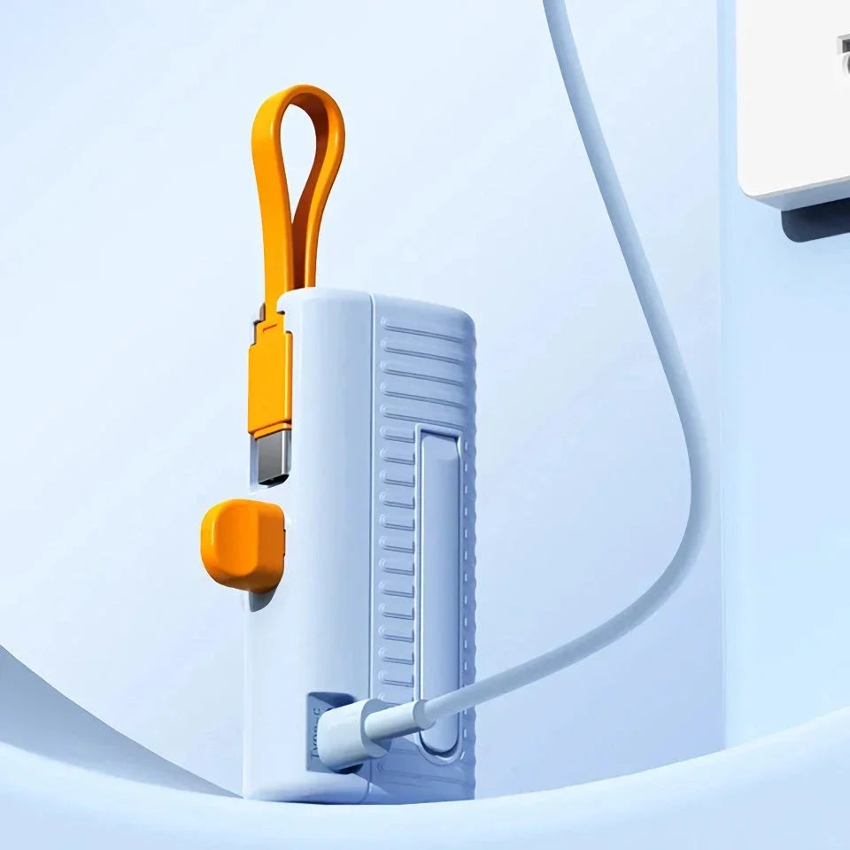 A compact, dual-port 30,000mAh power bank with built-in charging cables and fast charging capabilities.