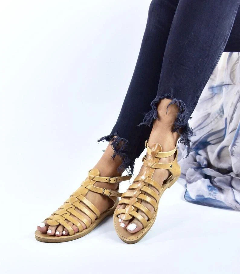 Stylish and comfortable ladies ribbon stitching lace leather roman sandals in black and yellow colors
