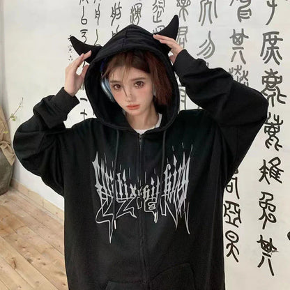 Premium Hooded Zip-Up Printed Sweater in various colors and sizes, showcasing a relaxed fit, full-zip closure, and stylish printed pattern
