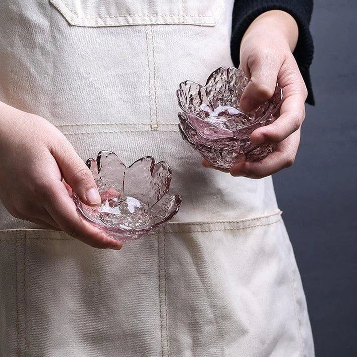 Handcrafted flower-shaped glass salad bowl in vibrant pink color, perfect for serving fresh greens, fruits, and more.