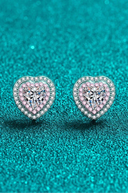 Elegant silver moissanite heart-shaped stud earrings with sparkling zircon accents