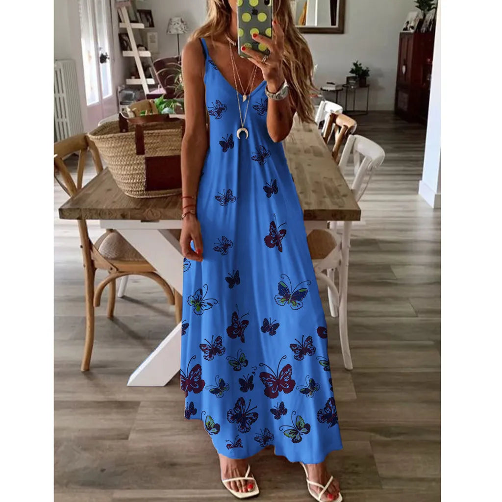 Stylish butterfly print high-waist dress with flowy, swing-style skirt and lightweight, breathable polyester fabric