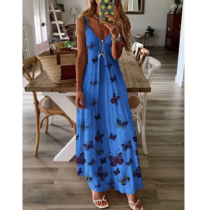 Stylish butterfly print high-waist dress with flowy, swing-style skirt and lightweight, breathable polyester fabric