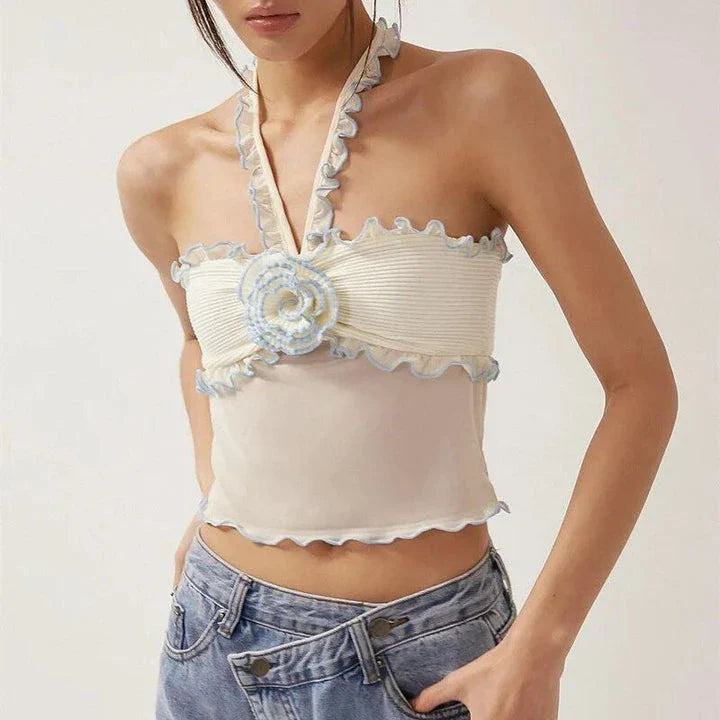 Floral lace backless crop top with sleeveless design, perfect for summer style