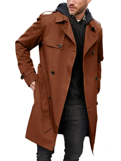 Stylish men's double-breasted trench coat in light gray color with slim fit silhouette