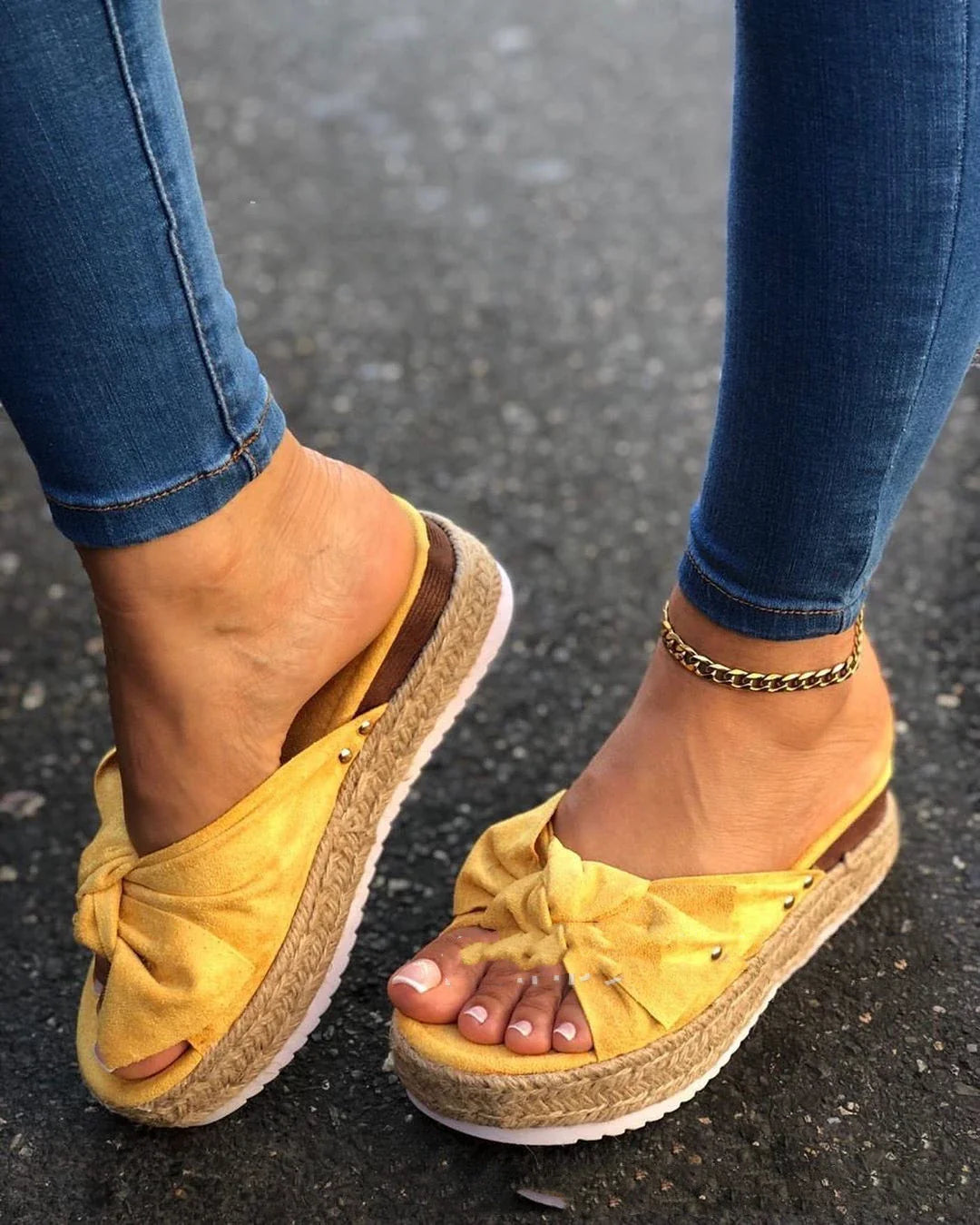 Premium hemp rope platform bow sandals with suede upper and PU sole for stylish and comfortable everyday wear