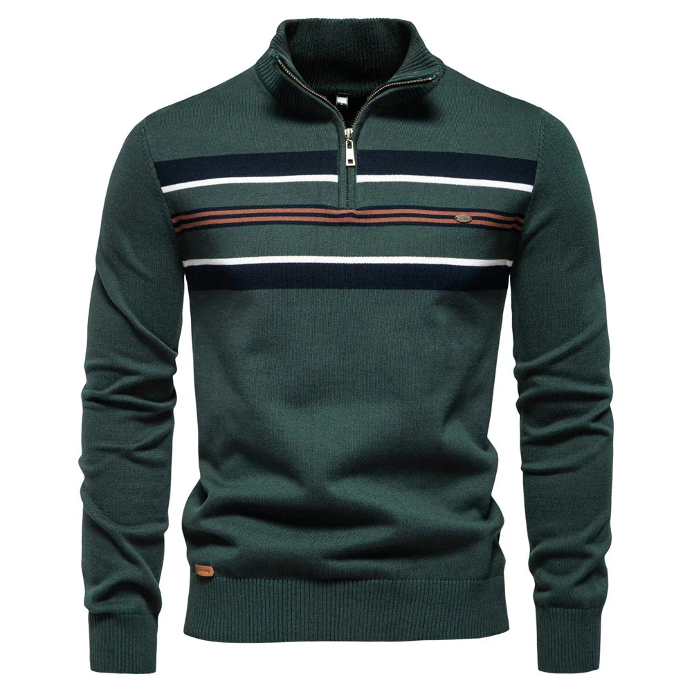 Cozy autumn and winter half-zip sweater in green, dark blue, khaki, and light gray colors