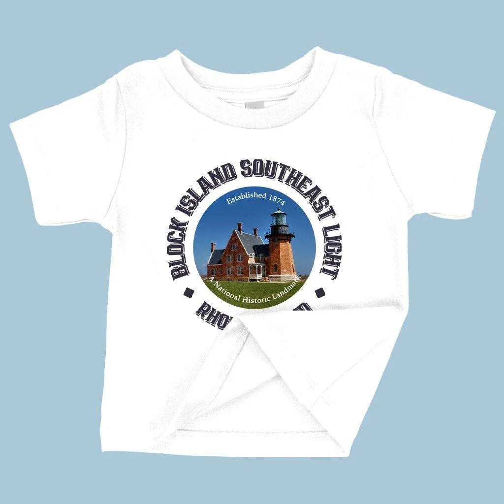 Baby wearing a comfortable, soft, and flexible Rhode Island-inspired t-shirt in white color
