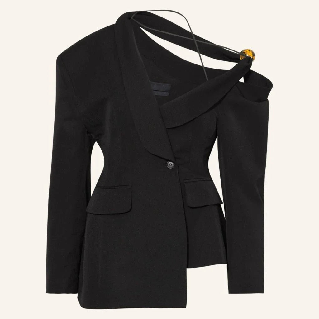 Chic and versatile women's blazer with oblique shoulder, long sleeves, and hollow-out details for a modern, sophisticated look