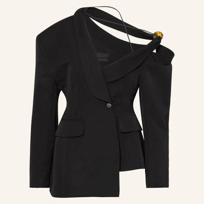 Chic and versatile women's blazer with oblique shoulder, long sleeves, and hollow-out details for a modern, sophisticated look