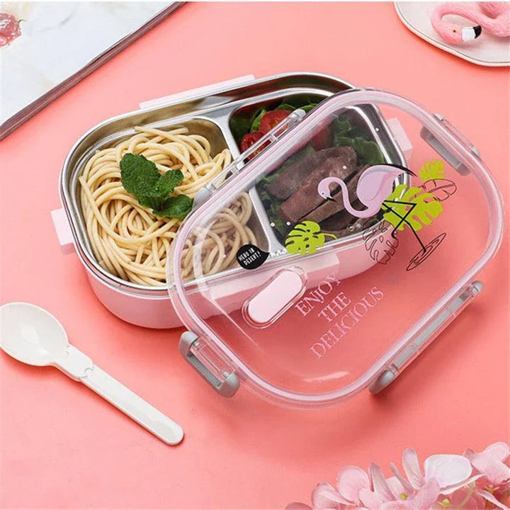 A pink stainless steel lunch box with a 650ml capacity, perfect for active kids on the go.