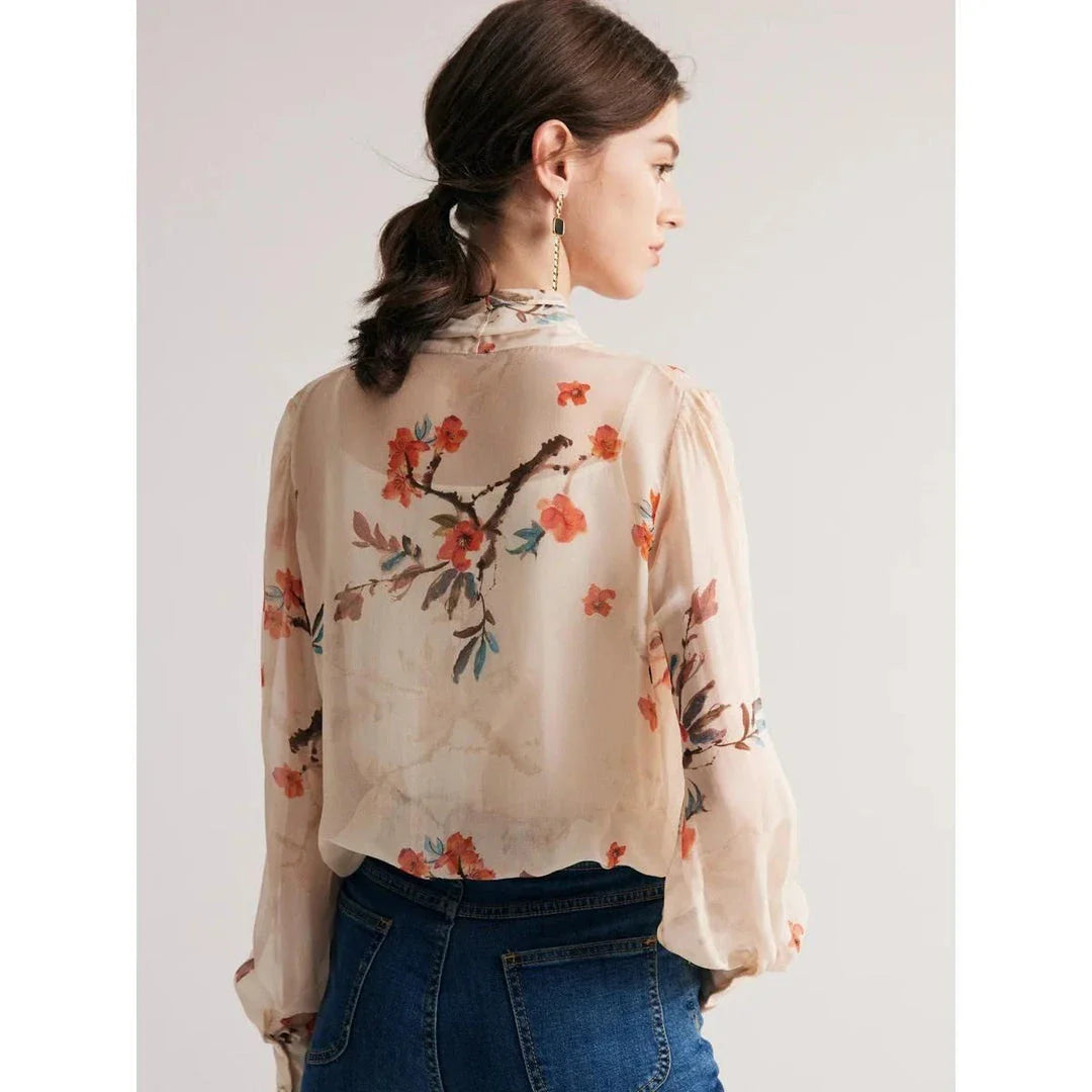 Elegant floral silk blend bow collar blouse with puff sleeves for modern women
